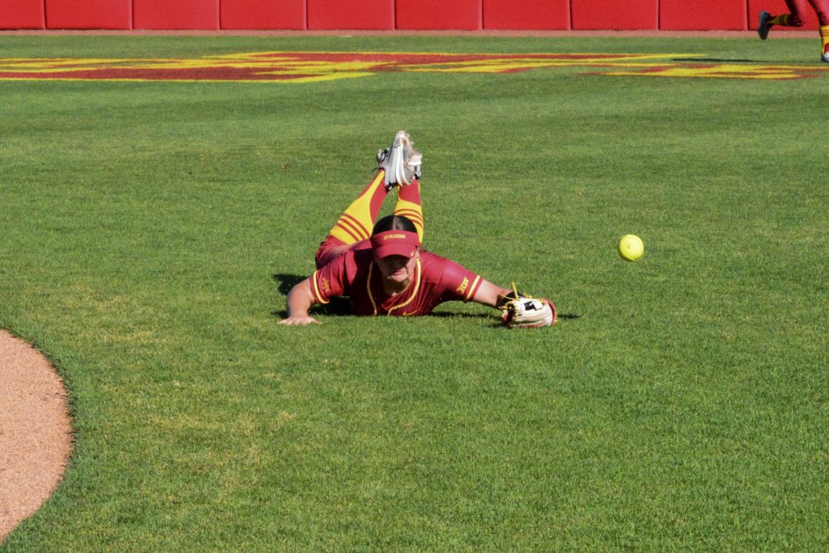 Iowa State player diving for the ball during the Iowa State vs. Iowa softball game at Cyclone Sports Complex, Ames, Iowa, April 21, 2026.