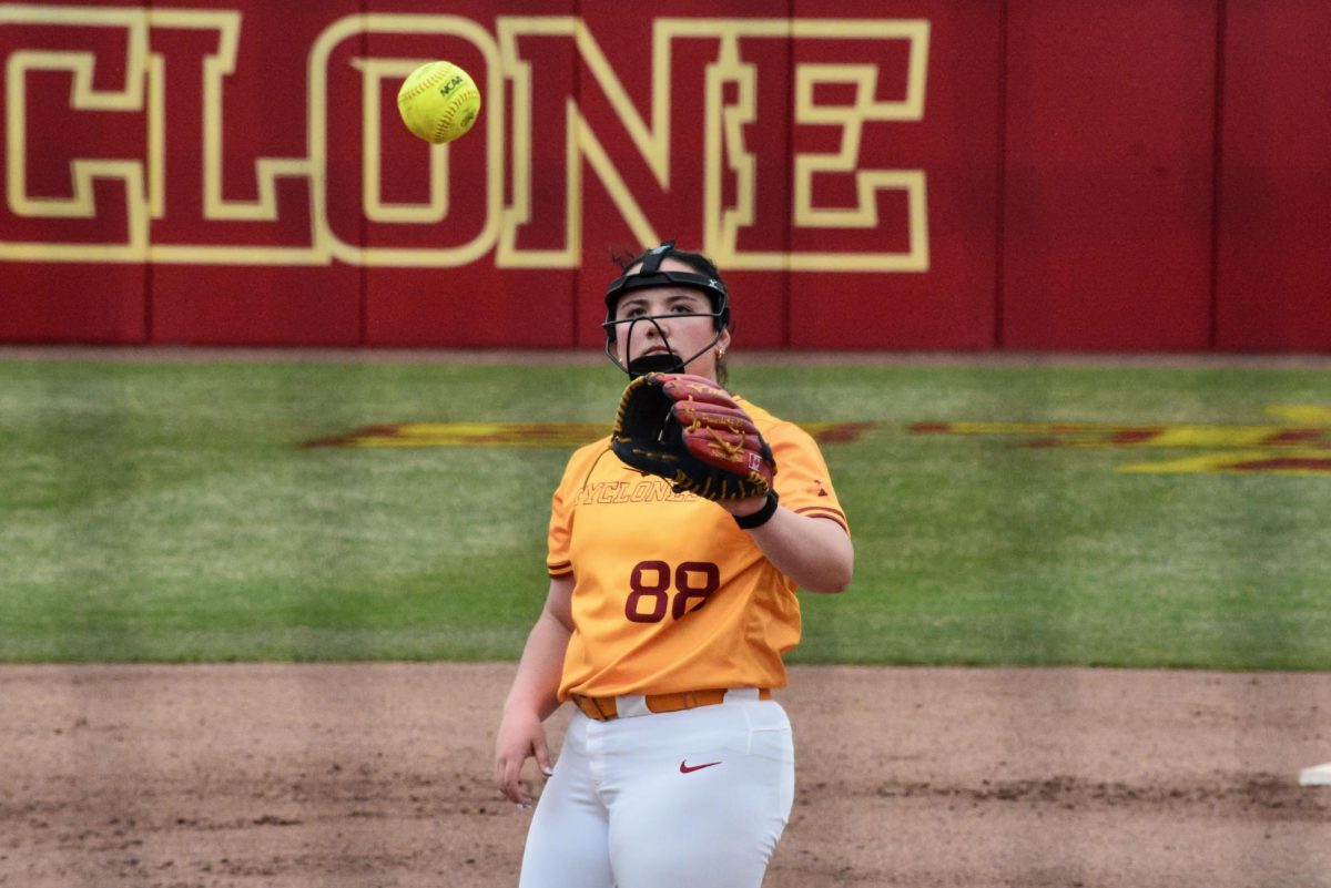Lauren Schurman (88) catching incoming ball during the Iowa State vs. Oklahoma State softball game at Cyclone Sports Complex, Ames, Iowa, April 12, 2026.