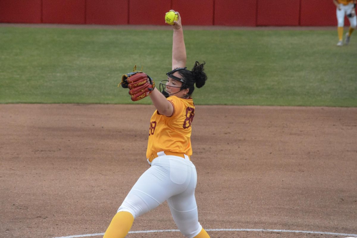 Lauren Schurman (88) pitching the ball during the Iowa State vs. Oklahoma State softball game at Cyclone Sports Complex, Ames, Iowa, April 12, 2026.