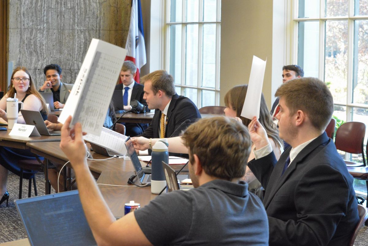 Student government taking a vote at the meeting inside the Memorial Union Campanile room, Ames, Iowa, April 22nd, 2026.