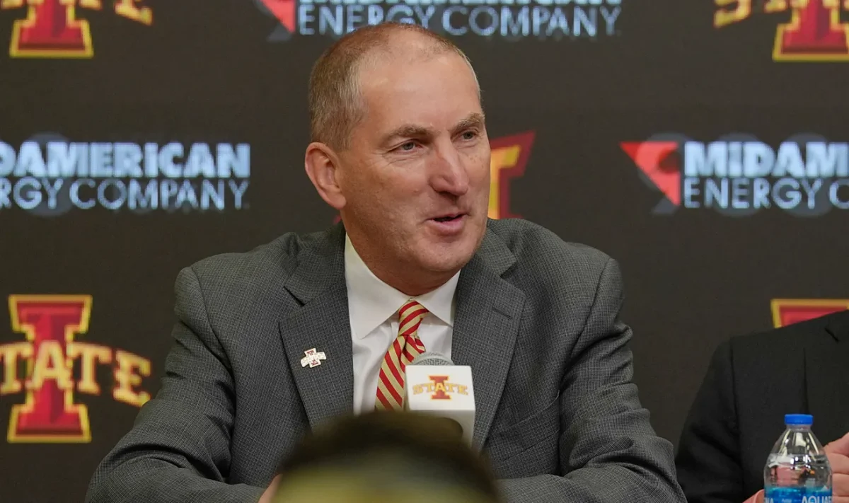 Jamie Pollard speaks to the media at Hilton Coliseum in Ames, Iowa, on March 16, 2026. Photo: The Des Moines Register