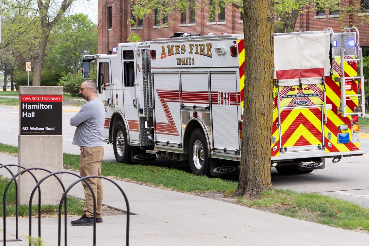 Ames Firetruck sits outside Hamilton Hall after call for potential electrical issue. Ames, Iowa, April 23, 2026.