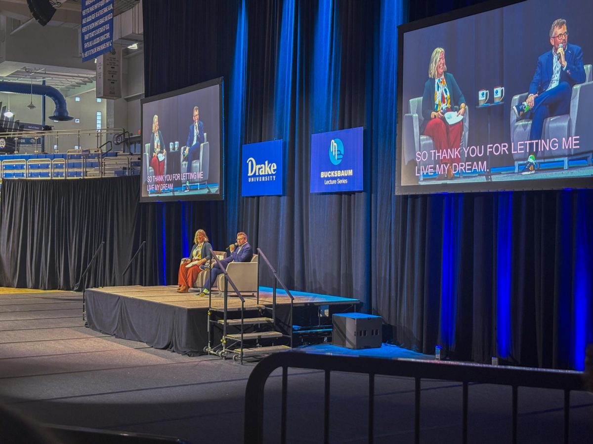 John Green lecturing at Drake University on Thursday, Apr. 2.