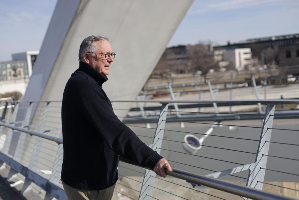 Chris Jones, a candidate for secretary of agriculture, looks on at the Des Moines River that has been impacted by high nitrate concentrations on the Iowa Women of Achievement Bridge, Des Moines, Iowa, March 18, 2026.
