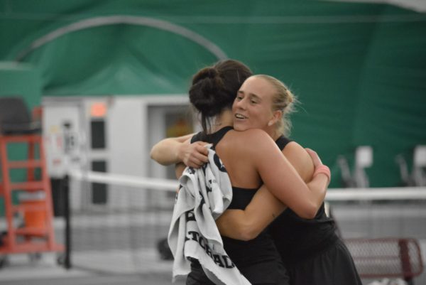 Mari Paz Alberto Vilar and Stanislava Shulzhenko celebrating after Winning during the Iowa State vs. Cincinnati Tennis Match, Ames Fitness Center, Ames, Iowa, April 3 2026.