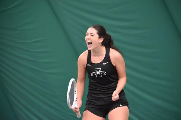 Mari Paz Alberto Vilar celebrating after receiving a point during the Iowa State vs. Cincinnati Tennis Match, Ames Fitness Center, Ames, Iowa, April 3 2026.