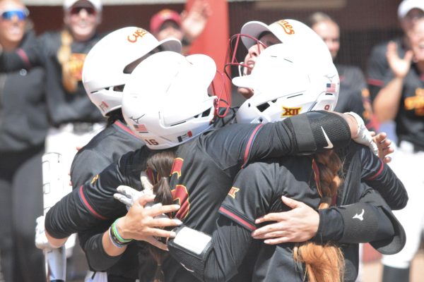 Cyclone team hugging after a home run during the Iowa State vs. #22 UCF softball game at Cyclone Sports Complex, Ames, Iowa, May 2, 2026.